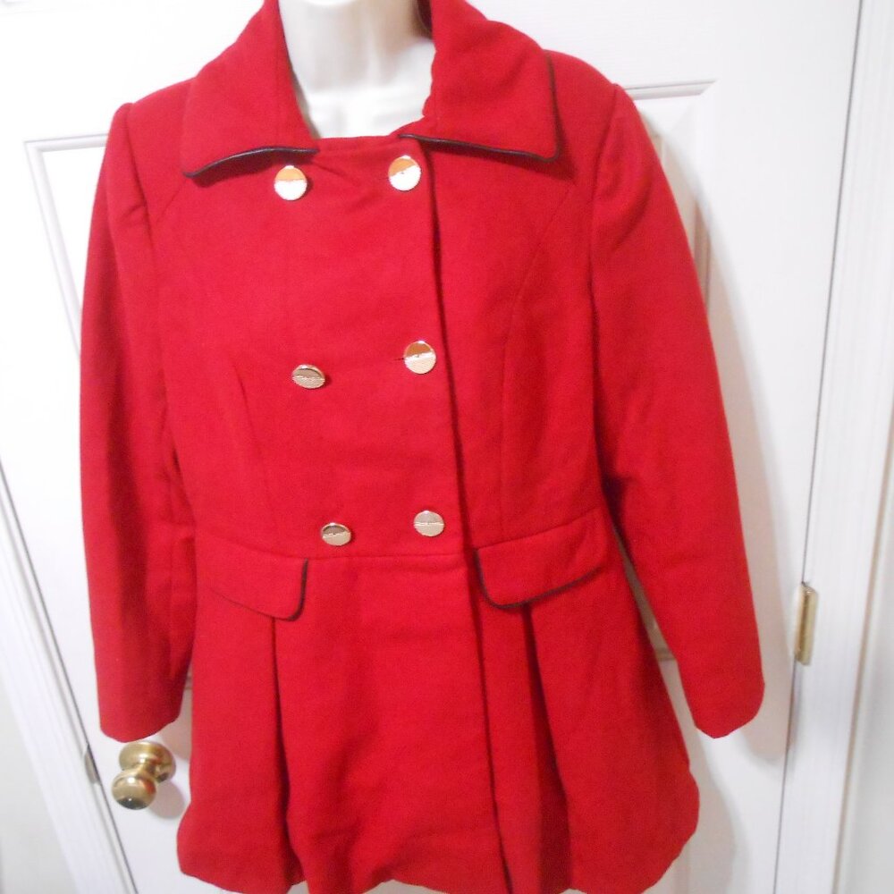 VTG SCHATZ WOMAN PEA COAT RED JACKET SIZE G JRS. GOLD BUTTONS DBL BREASTED 👩